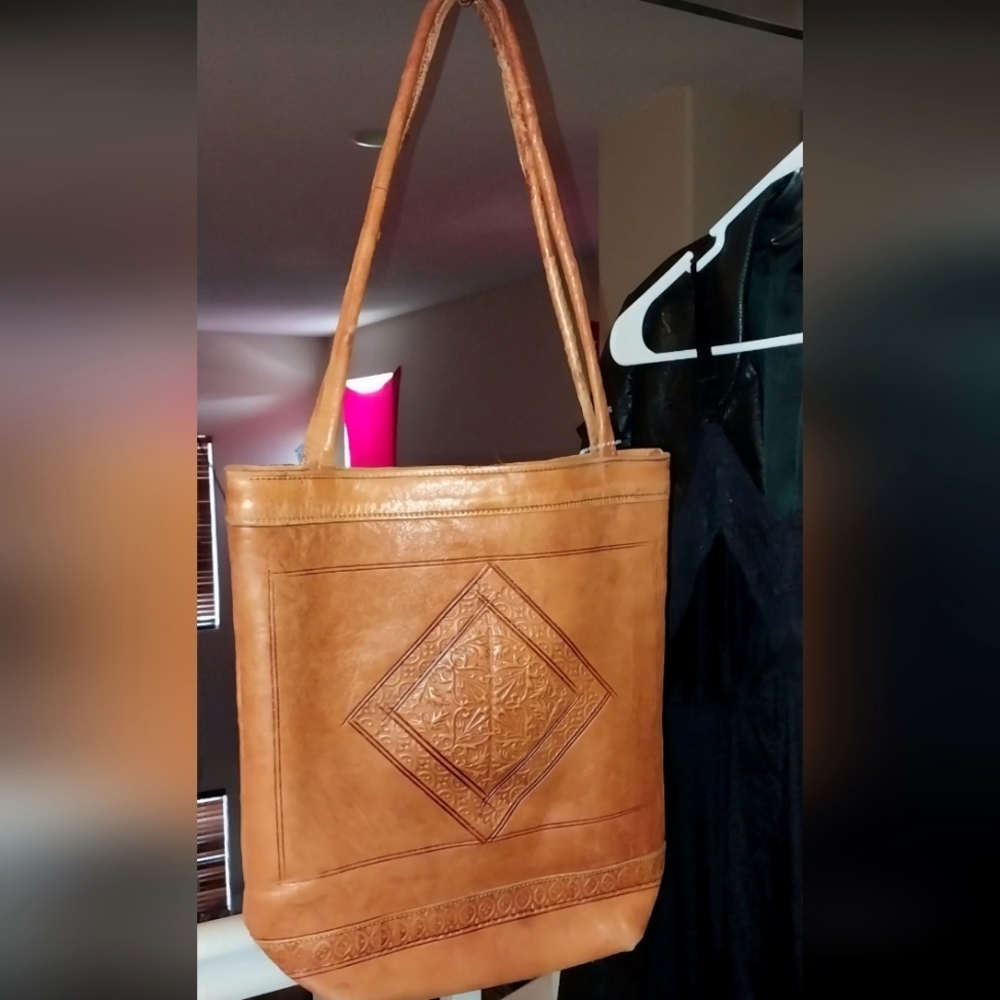 Navajo Western Leather Handbag Tote Hand Tooled 11"x12"
